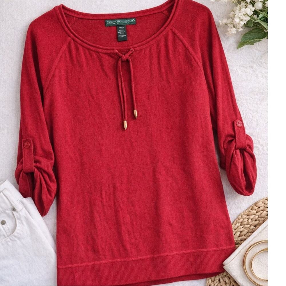Lauren Ralph Lauren Red Cotton Tie Neck Top Roll Tab Sleeve Women M